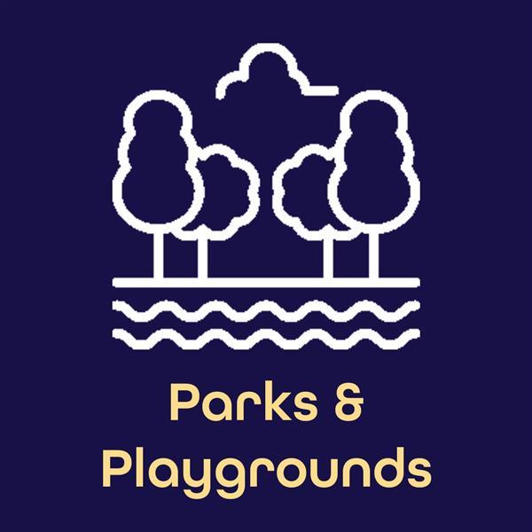 Navy square with white outline of trees and water icon with the words Parks & Playgrounds in Gold  
